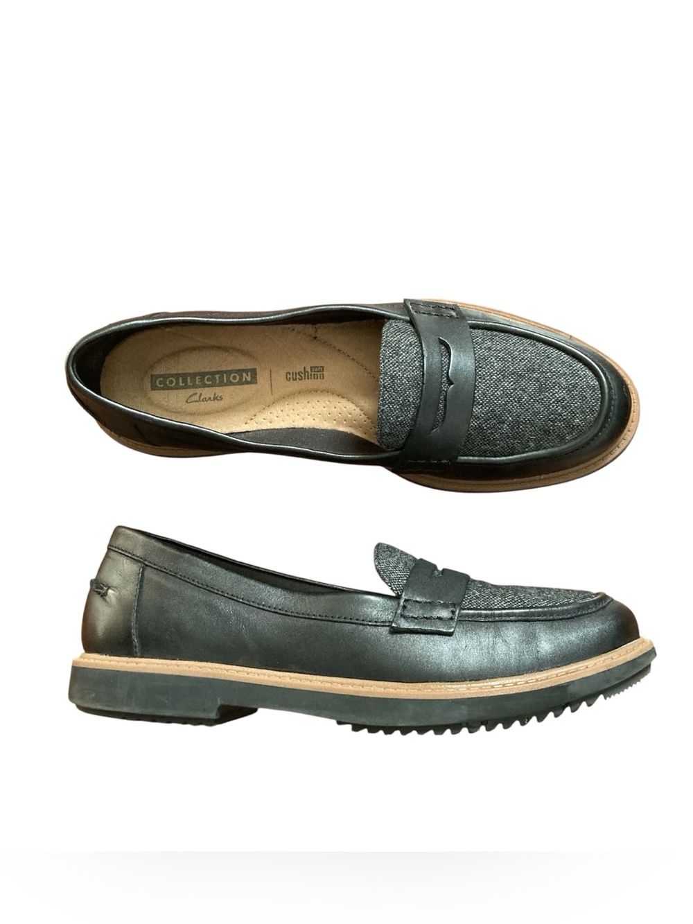 Clarks Raisie Elleta Black Leather and Tweed Penny Loafers Women’s 8